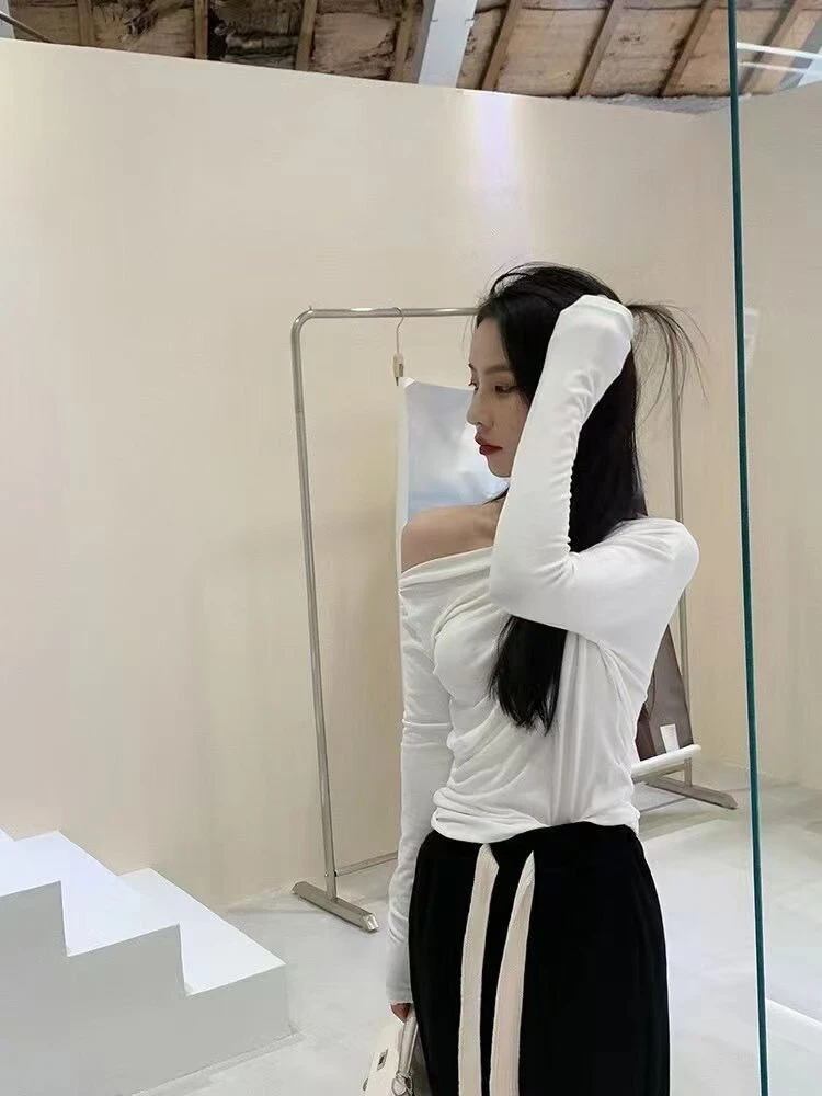 韓系抓皺寬鬆兩穿上衣-白/奶杏/花灰/黑(現貨)
