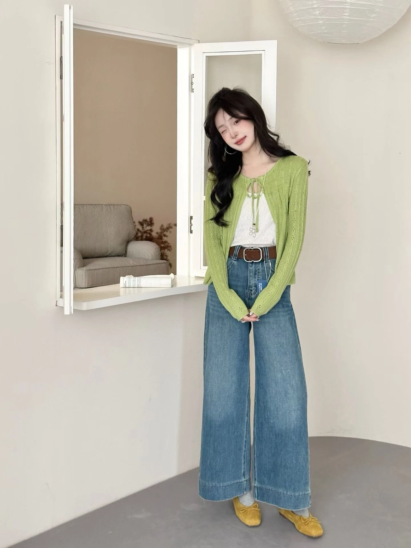 高腰修跨四面彈性直筒牛仔褲-水洗藍-S/M/L/XL(現貨)