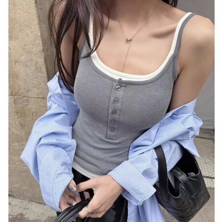 假兩件螺紋美背小可愛-紅/藍/灰(現貨)