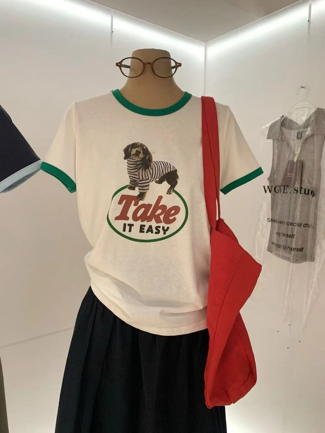 可愛狗狗印花滾邊短袖T SHIRT-白/藍(現貨)