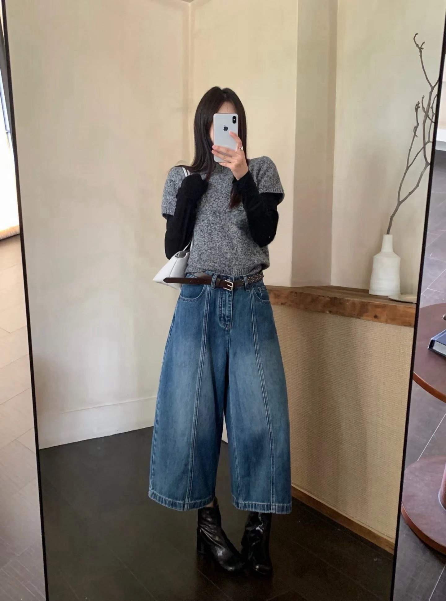 質感立體壓線八分氣球牛仔褲-藍/灰-S/M/L(現貨)