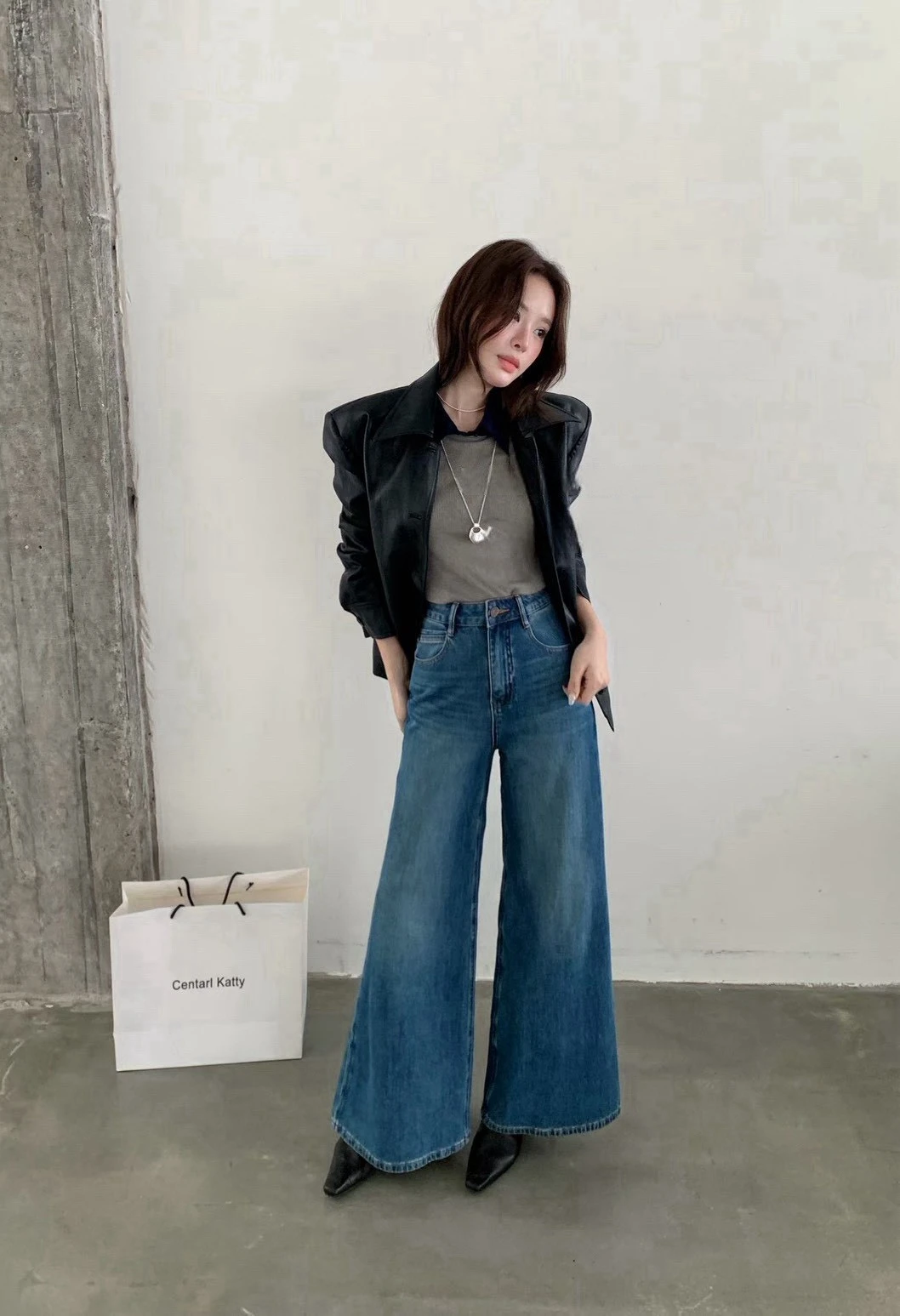 四面彈性小個子落地闊腿牛仔褲-藍/深灰-S-XL(現貨+預購)