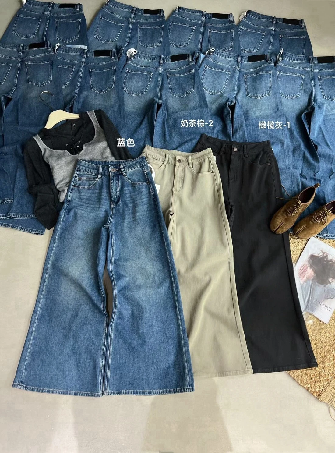 四面彈性小個子落地闊腿牛仔褲-藍/深灰-S-XL(現貨+預購)