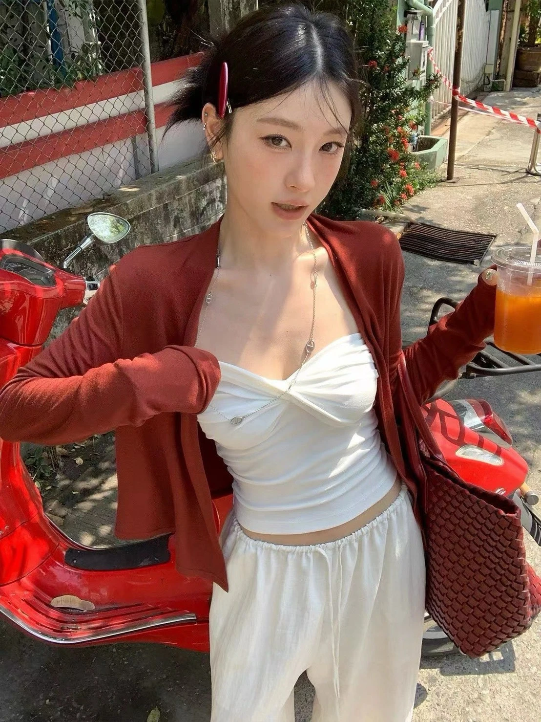 性感純欲風平口小外套兩件式上衣-紅/綠(現貨)