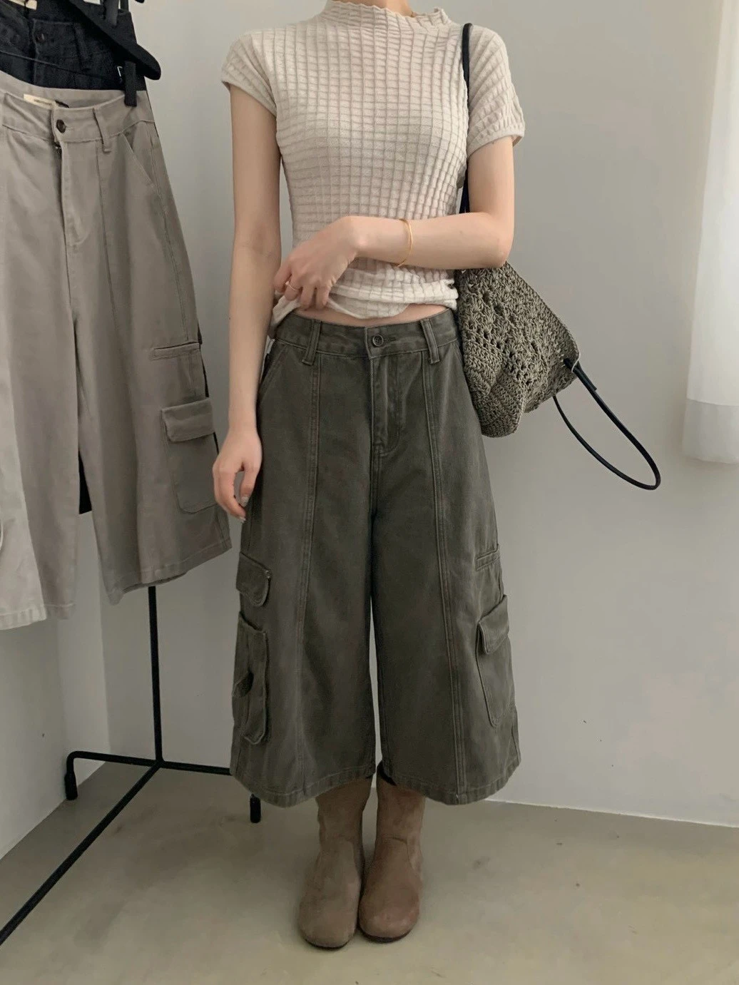 個性時髦工裝七分褲-深灰/軍綠-S/M/L(現貨)