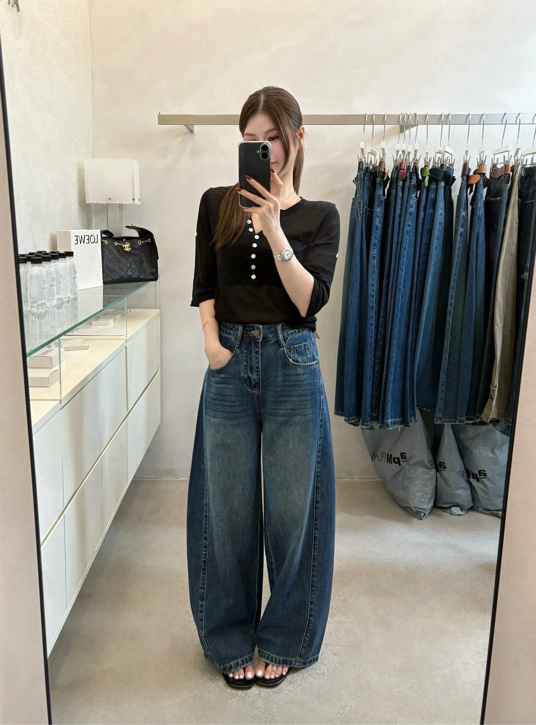 復古刷色修身顯瘦彎刀褲-藍-S/M/L/XL(現貨+預購)