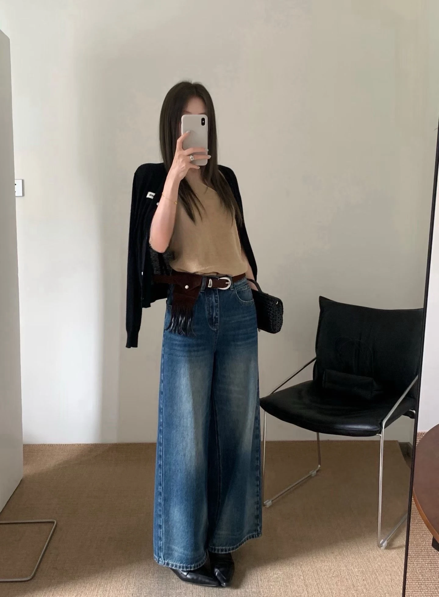 小個子落地極簡時髦個性刷色高腰闊腿牛仔褲-S/M/L/XL(現貨+預購)