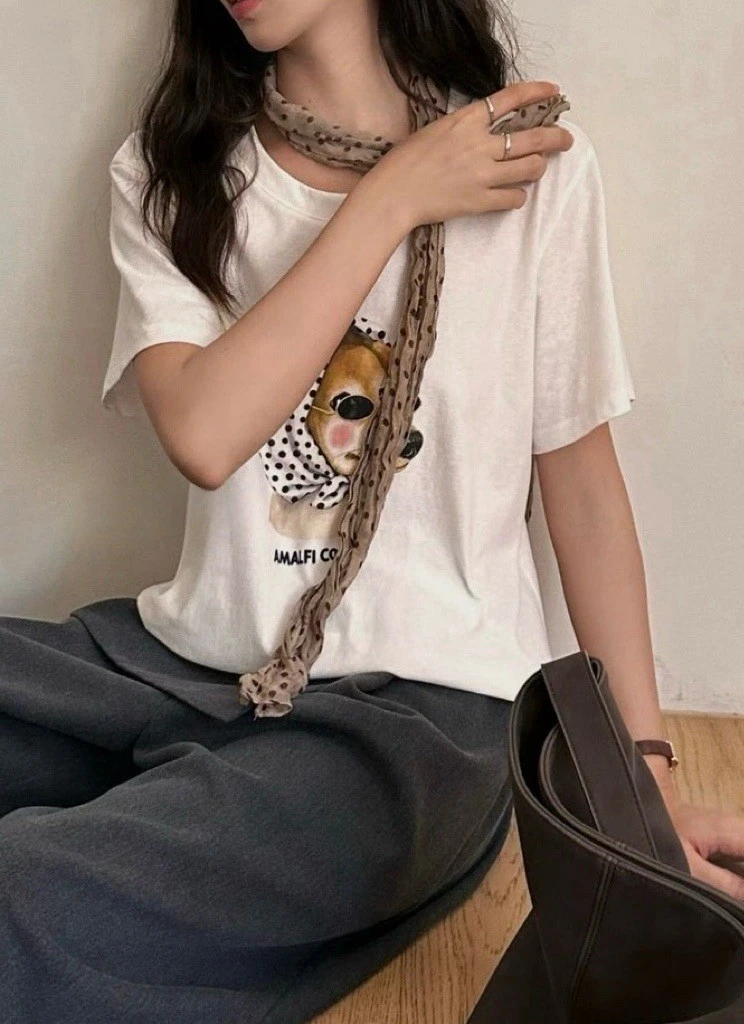 可愛頭巾狗狗短袖T SHIRT(含絲巾)-米白/咖/花灰(現貨)