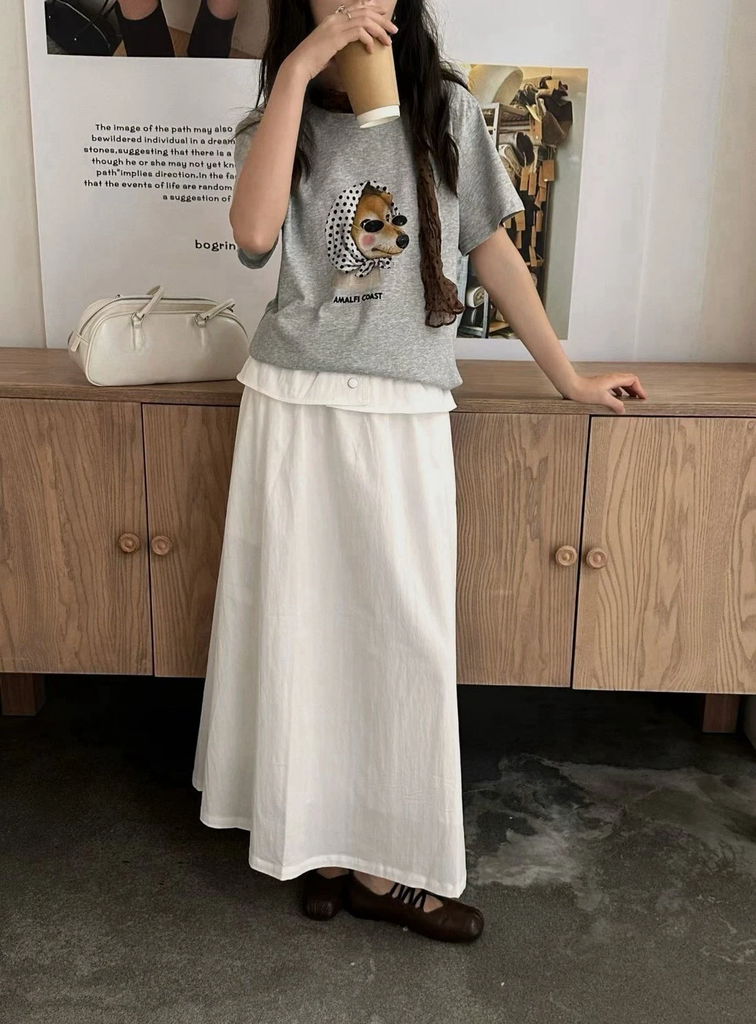 可愛頭巾狗狗短袖T SHIRT(含絲巾)-米白/咖/花灰(現貨)