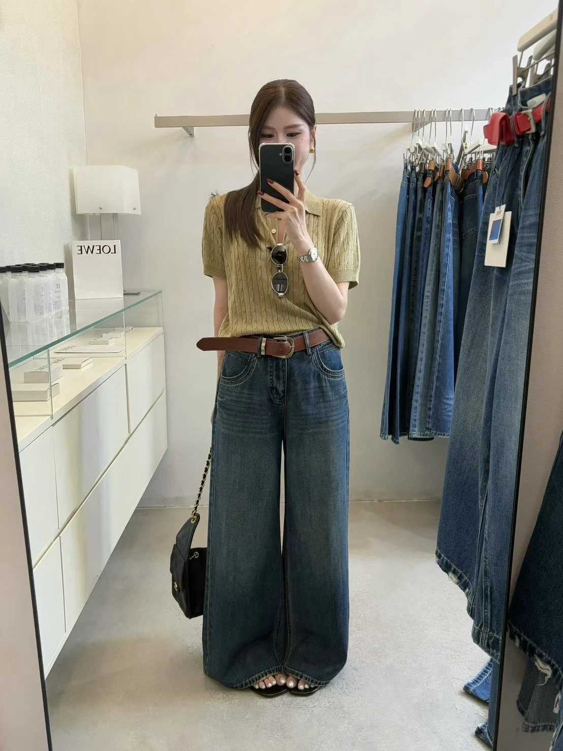 高腰寬直筒復古水洗牛仔褲-藍-S/M/L/XL(現貨)