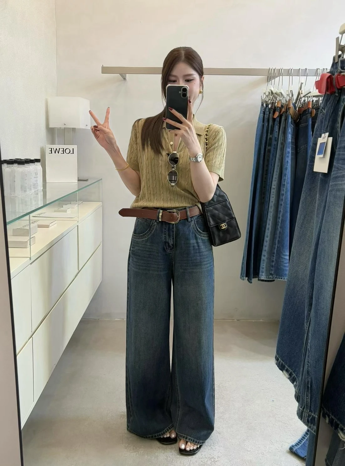 高腰寬直筒復古水洗牛仔褲-藍-S/M/L/XL(現貨)