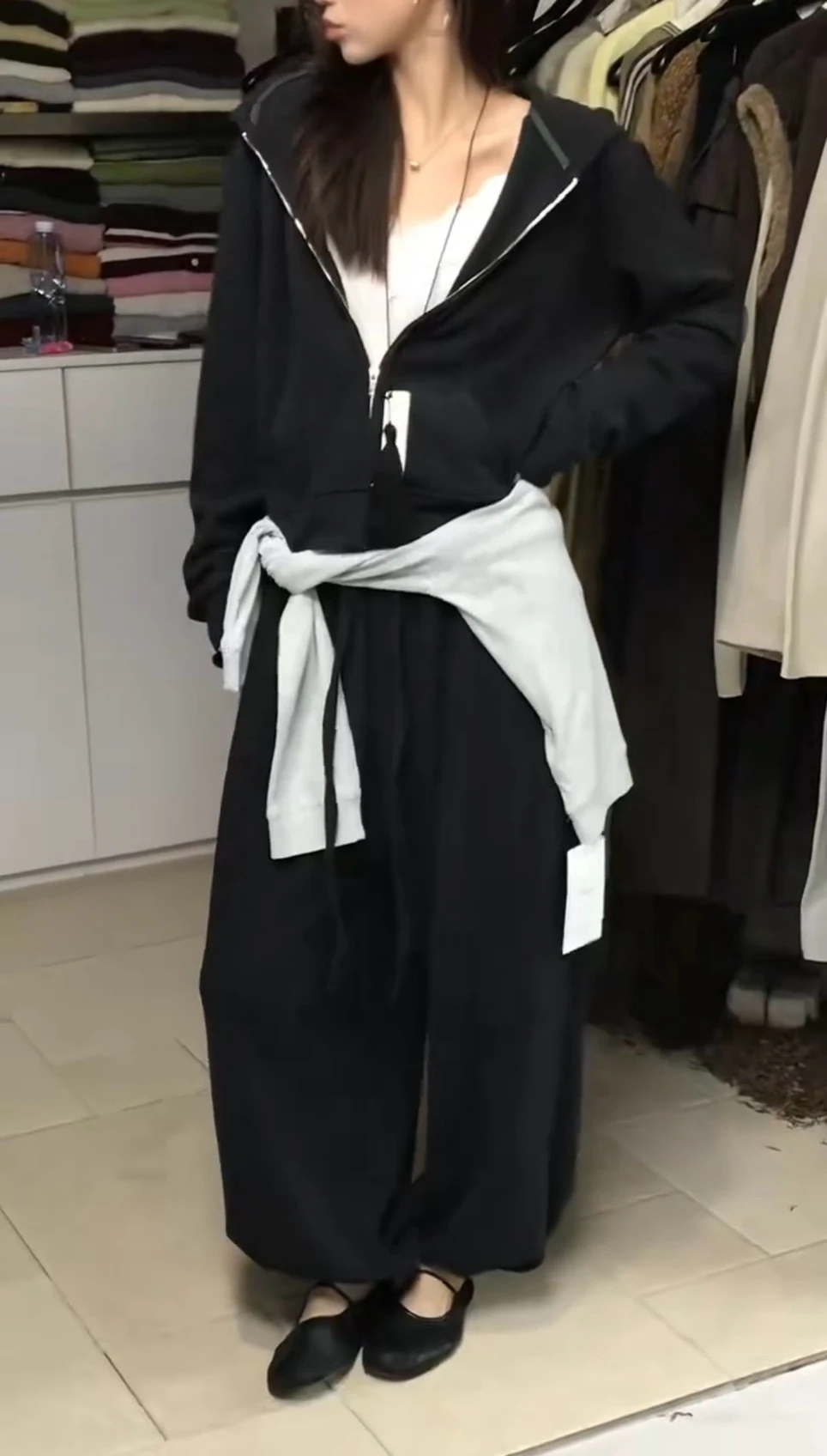 慵懶感連帽長褲休閒套裝-黑灰/灰咖(現貨+預購)