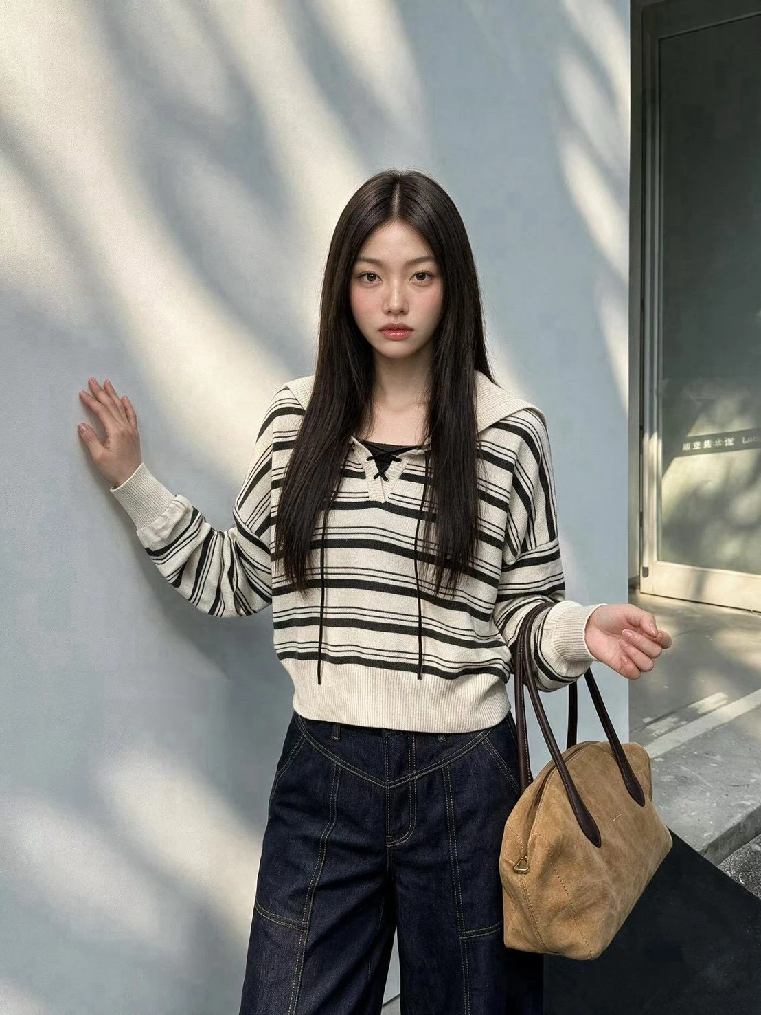 綁帶造型鬆弛感條紋毛衣-咖杏條/灰杏條(預購)
