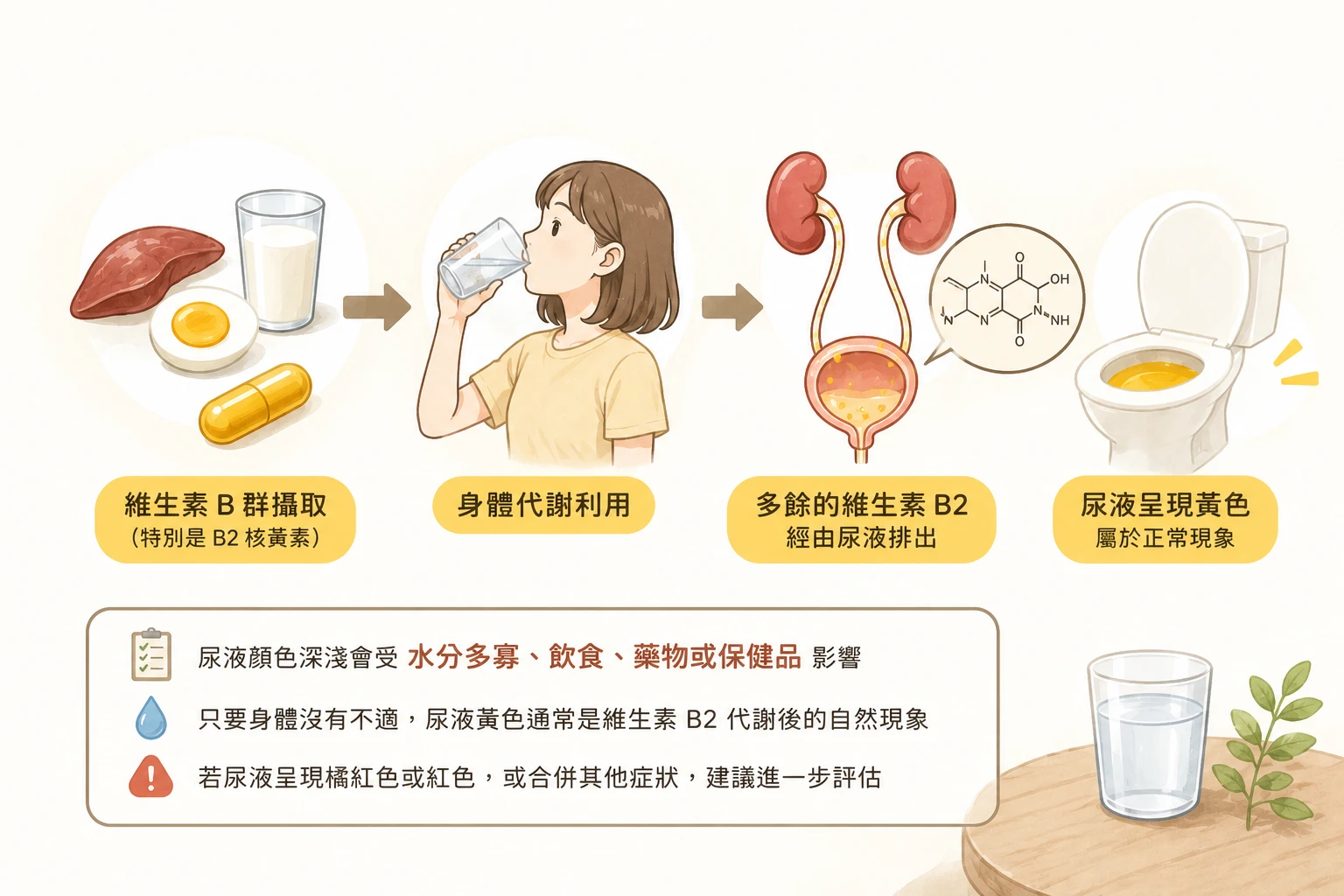 吃 B 群尿黃的常見原因與維生素 B2 核黃素示意圖
