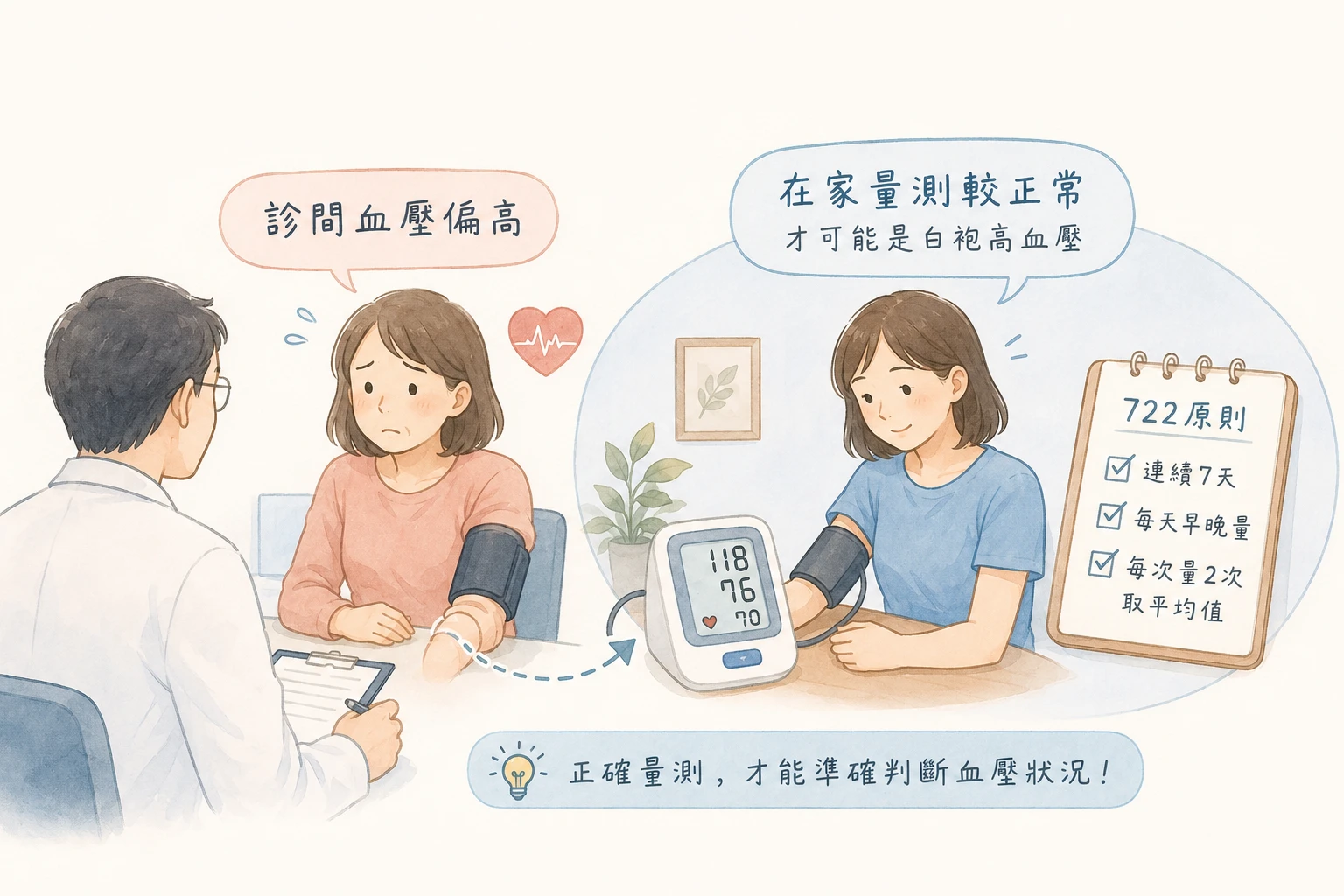 白袍高血壓居家血壓與24小時動態血壓監測示意圖