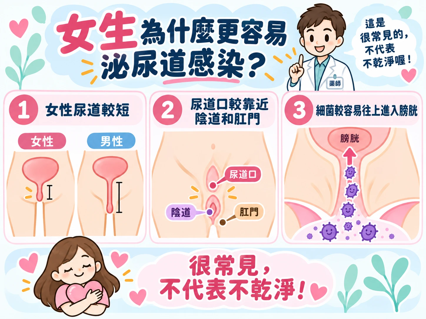 女生確實比男性更容易發生泌尿道感染,最重要的原因之一是女性尿道較短,而且尿道口靠近陰道與肛門,腸道細菌比較容易往上進入膀胱。