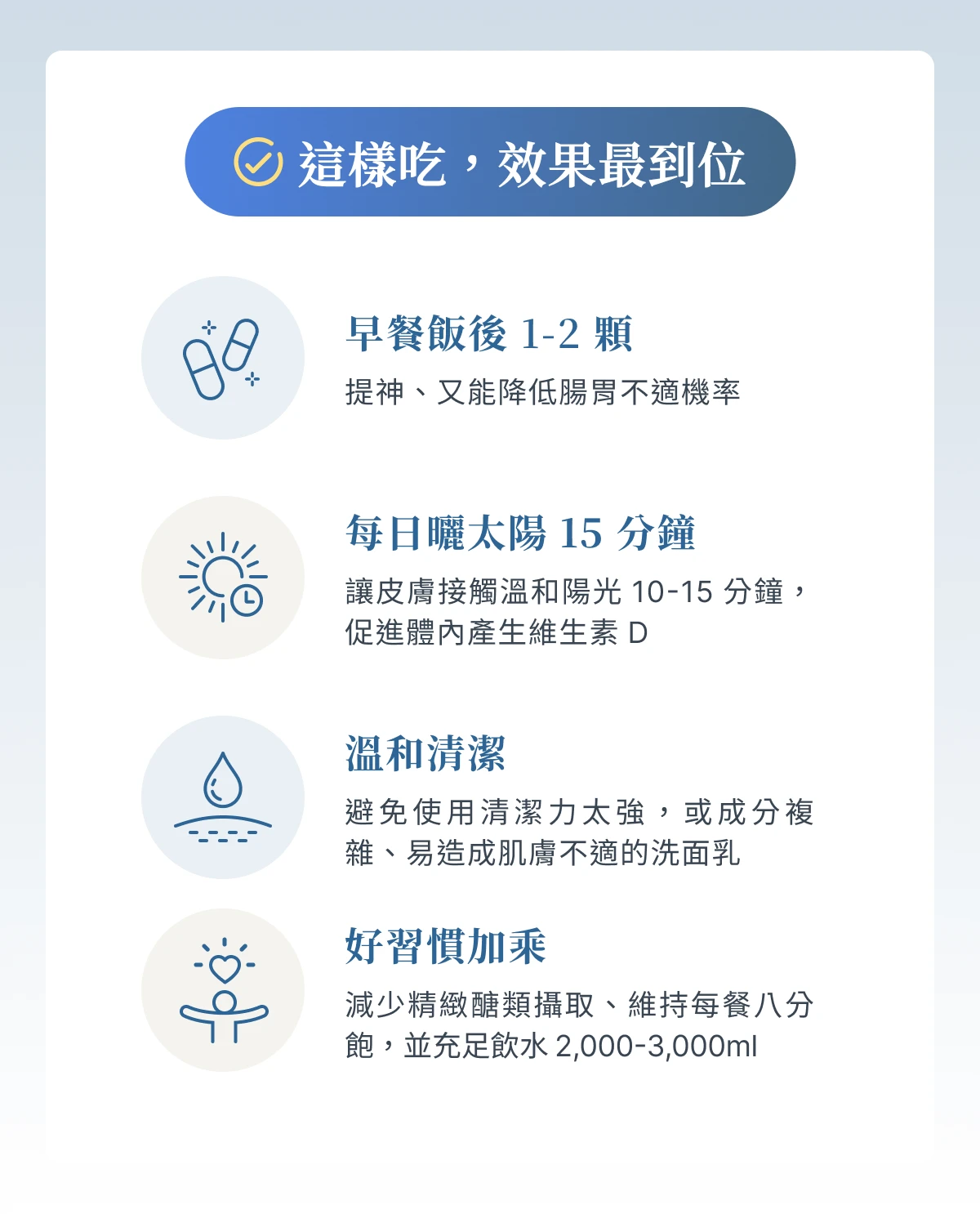 飯後補充、日常活動、溫和清潔與飲水習慣示意
