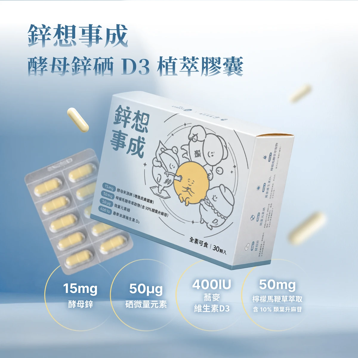 鋅想事成酵母鋅硒D3植萃膠囊，含15毫克酵母鋅、50微克硒、400IU蕎麥維生素D3與50毫克檸檬馬鞭草萃取