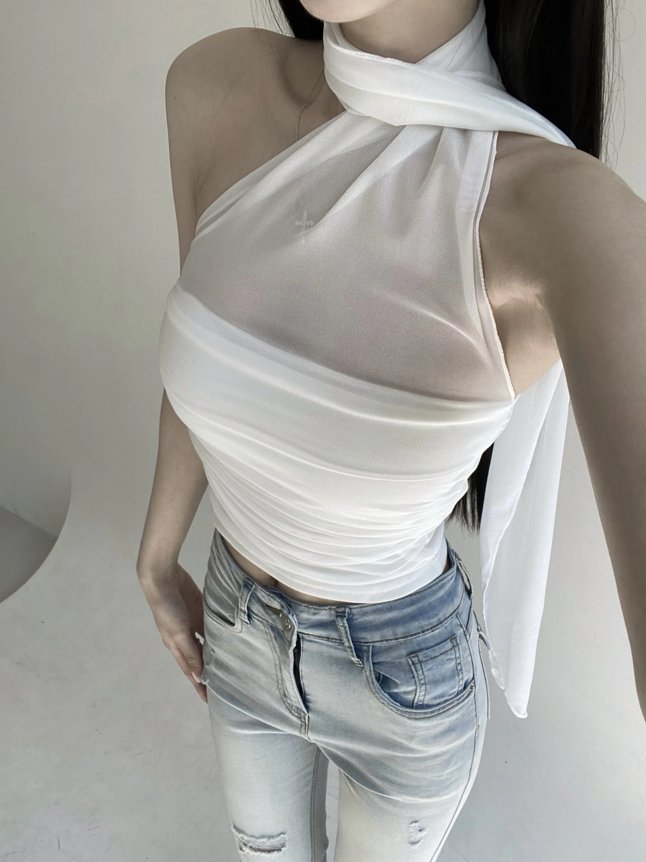 氣質網紗繞脖抓皺Bra top