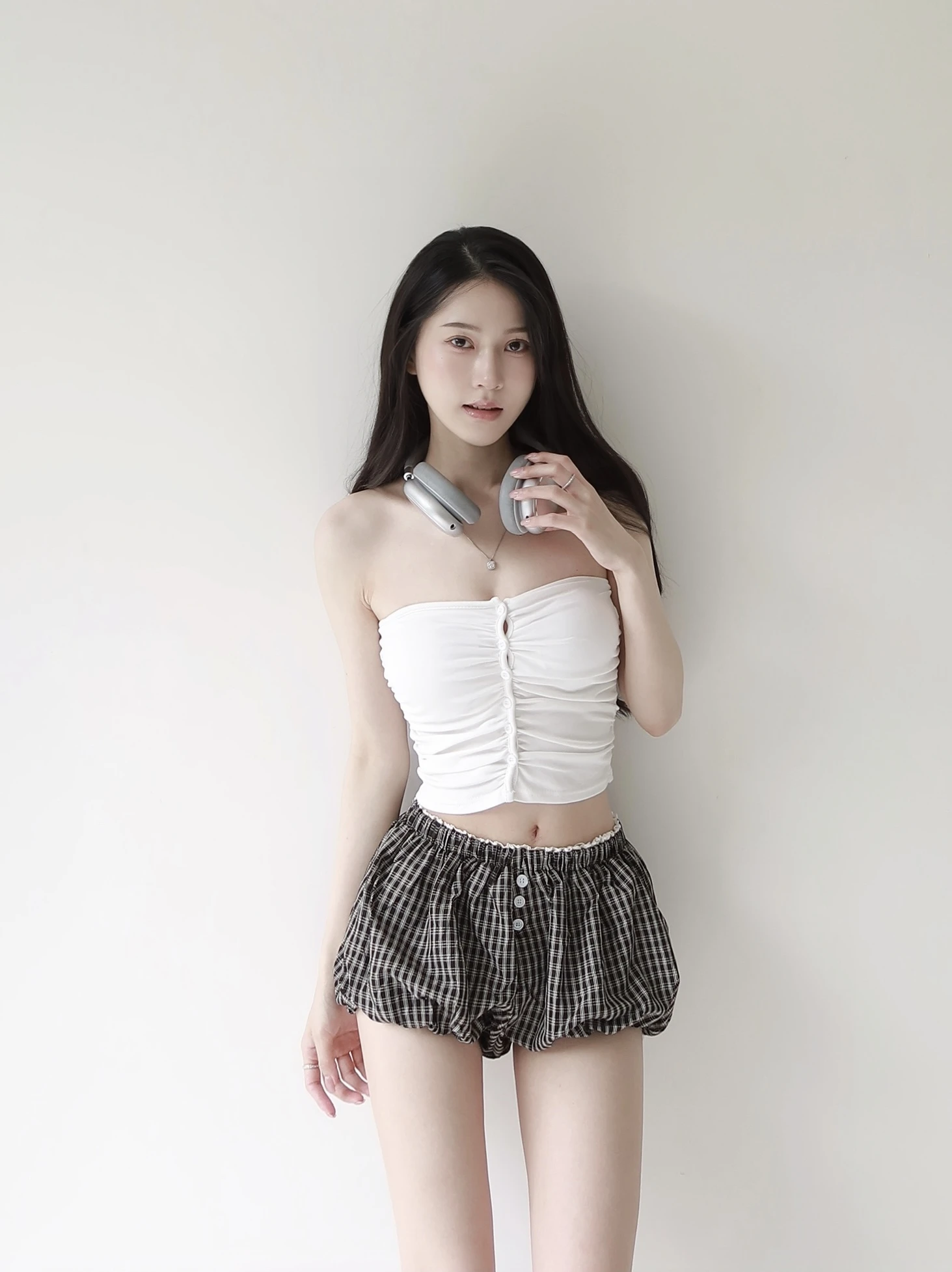 格紋縮口花苞短褲