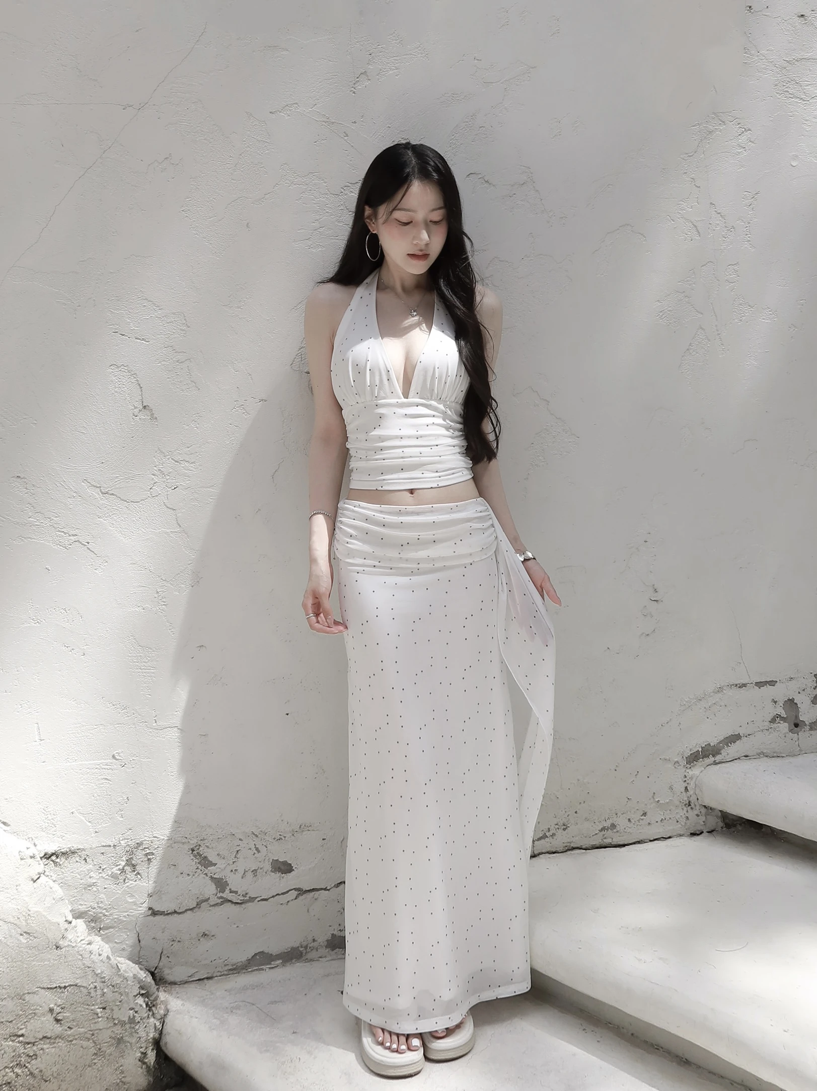 法式波點掛脖露背長裙套裝