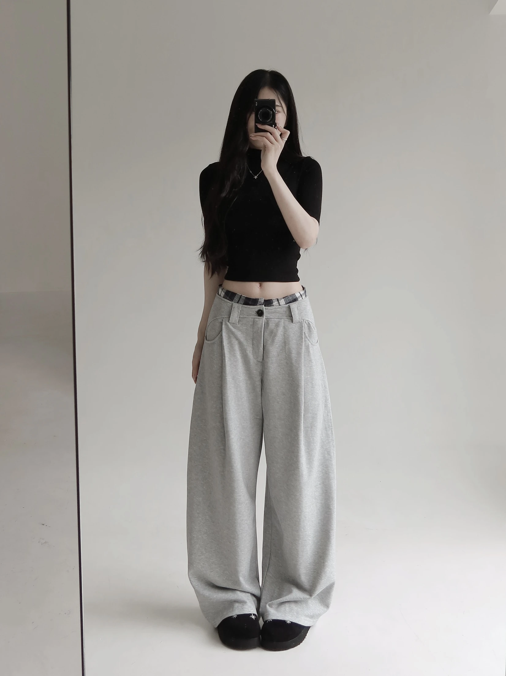 格紋假兩件彎刀棉褲