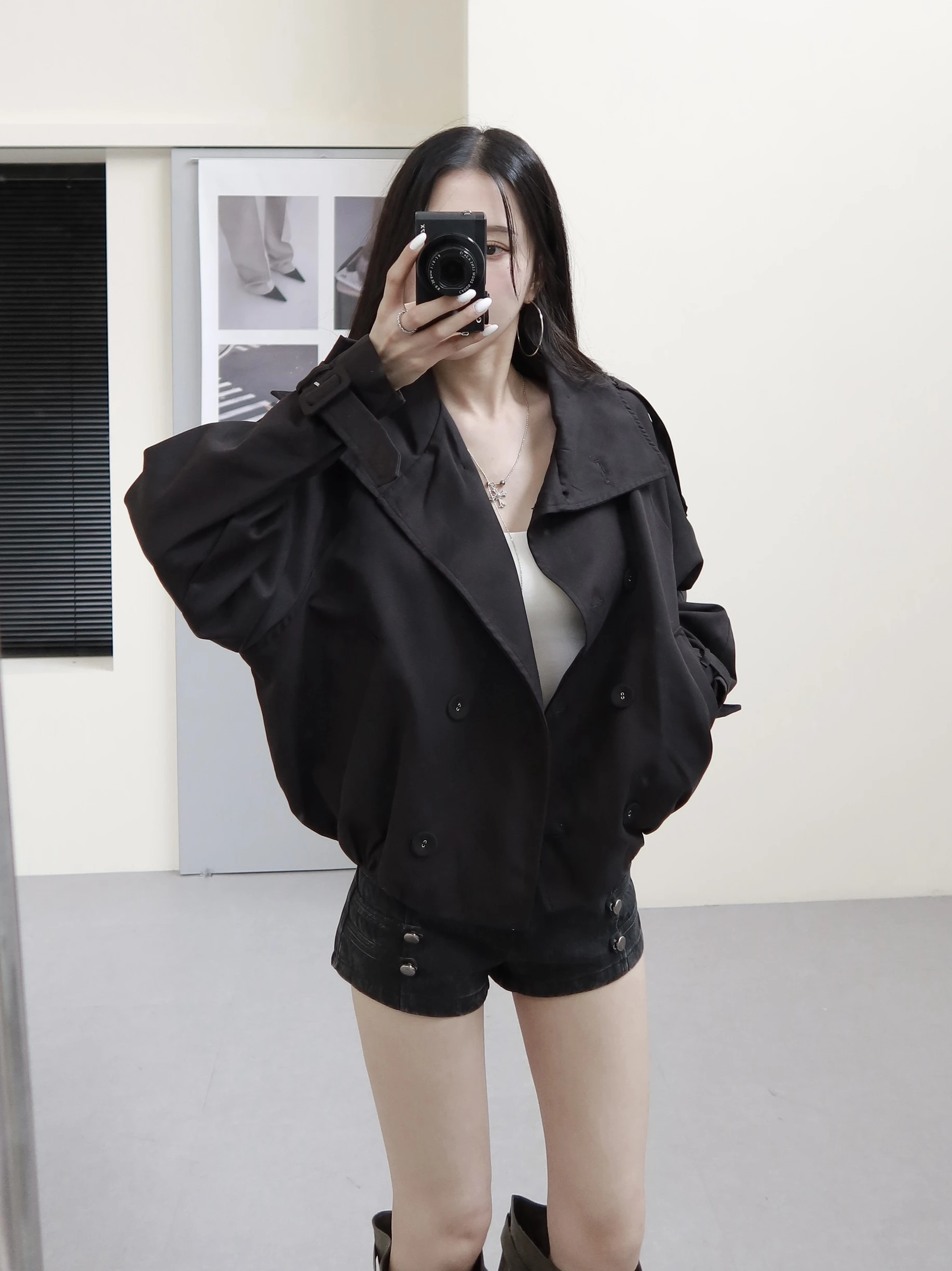 挺版雙排扣翻領風衣外套/黑色