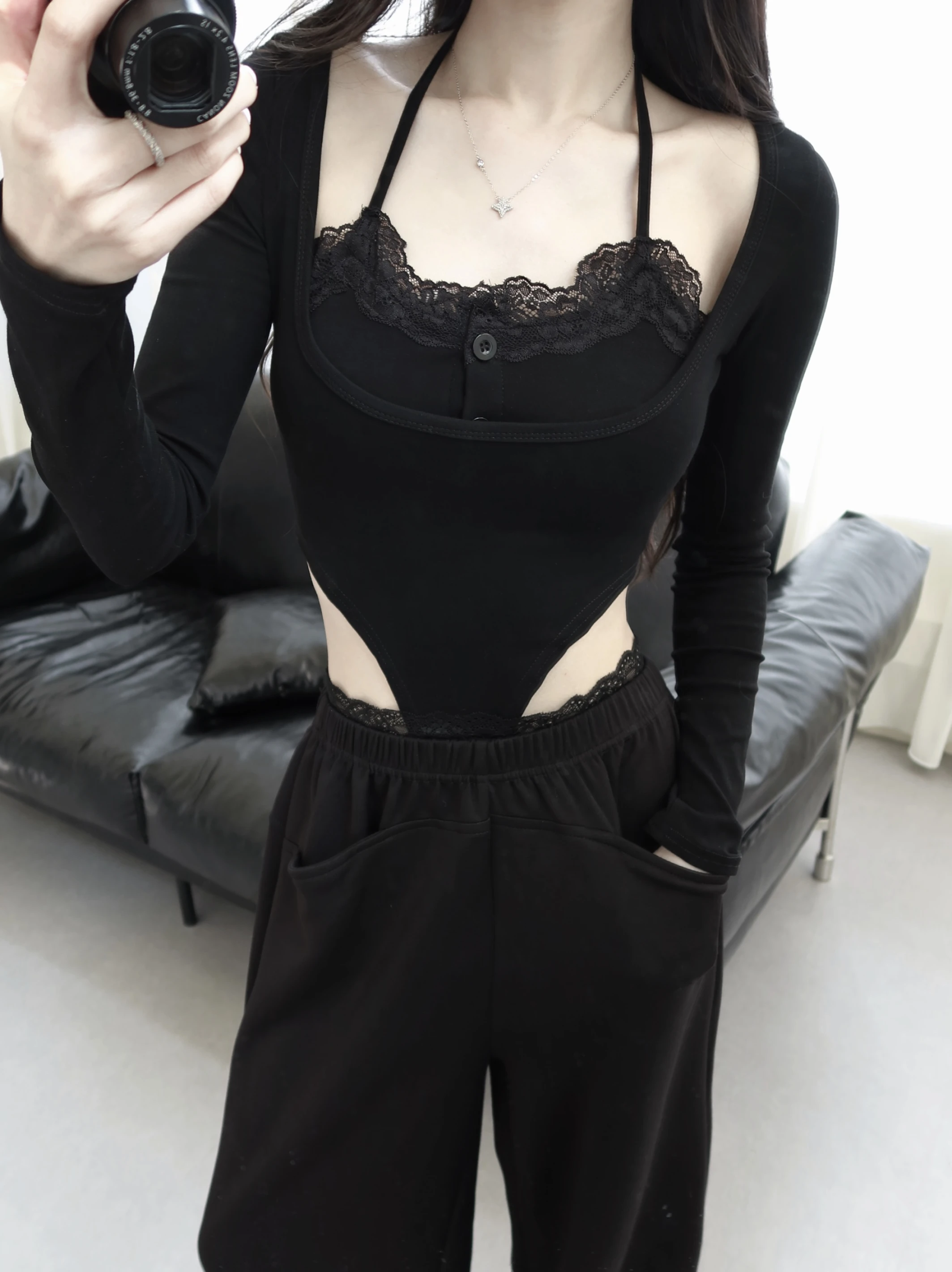 純慾蕾絲假兩件連體衣