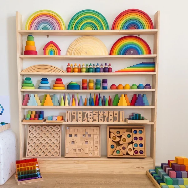 7層極簡玩具實木收納架(可調高度・超省空間) 7 Tier Slim-Line Toy Shelf (Adjustable) - Varnished SolidWood