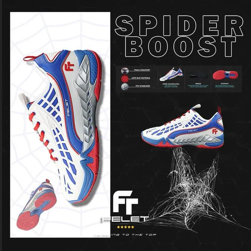 ✦ PRO羽球✦ 輝厲FELET｜SPIDER BOOST 蜘蛛人款 中階羽球鞋//藍白色