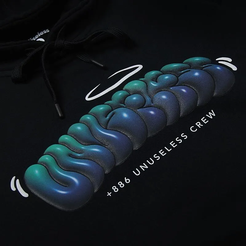 【 Unuseless 】超立體發泡泡泡LOGO 重磅寬版落肩帽T ( 黑 )