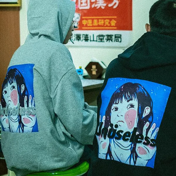【 Unuseless 】好奇女孩 重磅寬版落肩帽T ( 黑 )
