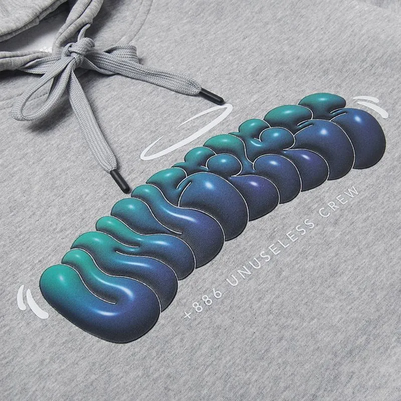 【 Unuseless 】超立體發泡泡泡LOGO 重磅寬版落肩帽T ( 灰 )