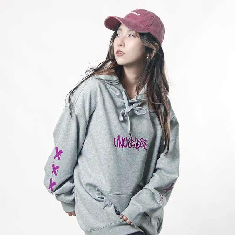 【 Unuseless 】噴漆少女 寬版落肩帽T ( 灰 )