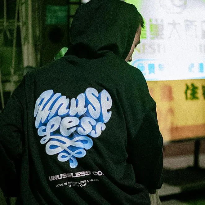【 Unuseless 】立體愛心LOGO 寬版落肩帽T ( 藍 )