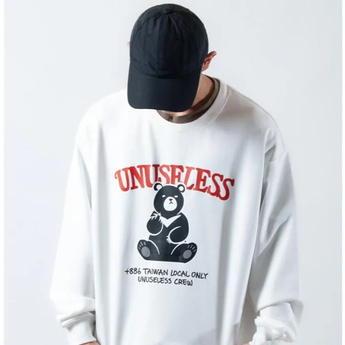 【 Unuseless 】台灣・特有種 台灣黑熊 寬版落肩大學T（ 白 ）