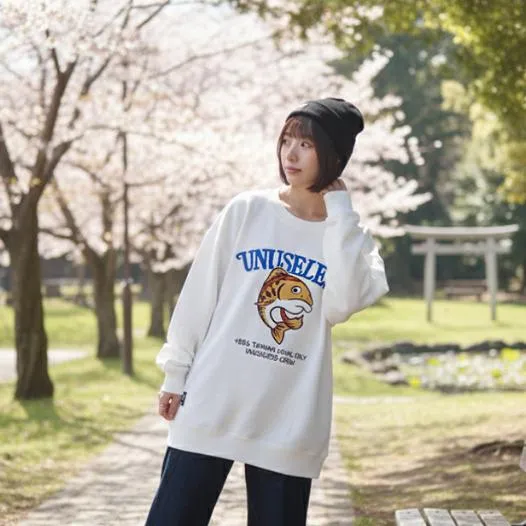 【 Unuseless 】台灣・特有種 櫻花鉤吻鮭 寬版落肩大學T（ 白 ）