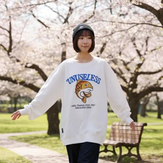 【 Unuseless 】台灣・特有種 櫻花鉤吻鮭 寬版落肩大學T（ 白 ）