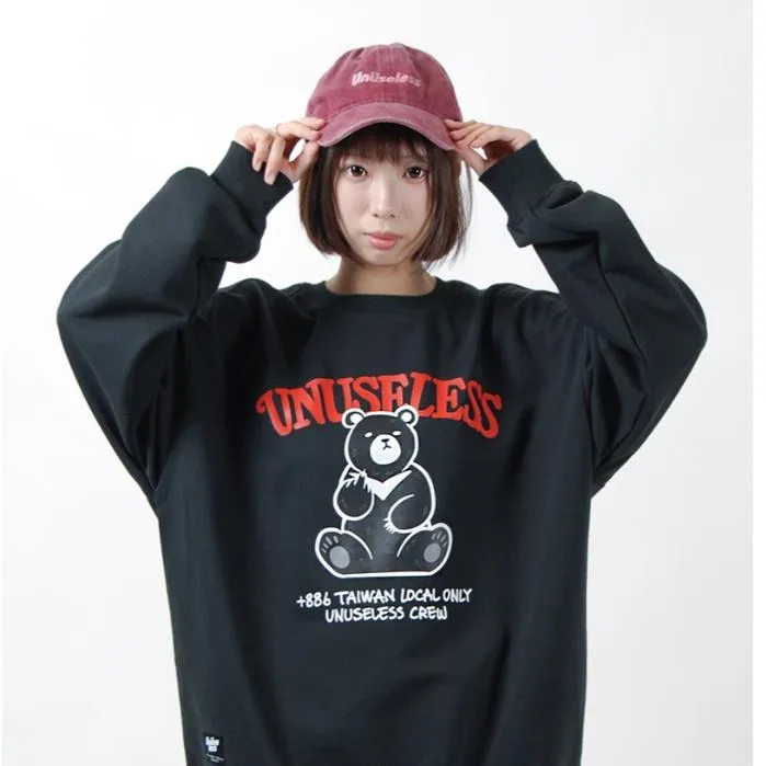 【 Unuseless 】台灣・特有種 台灣黑熊 寬版落肩大學T（ 黑 ）