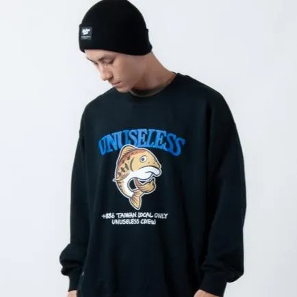 【 Unuseless 】台灣・特有種 櫻花鉤吻鮭 寬版落肩大學T（ 黑 ）
