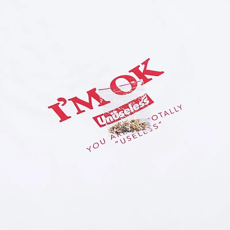 【 Unuseless 】I'M OK 寬版落肩大學T（ 白 ）