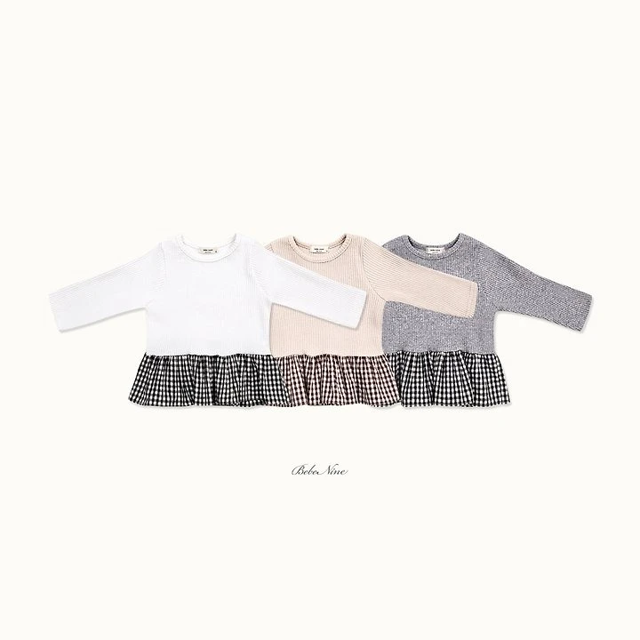 Bebe nine 格紋拼接荷葉擺上衣