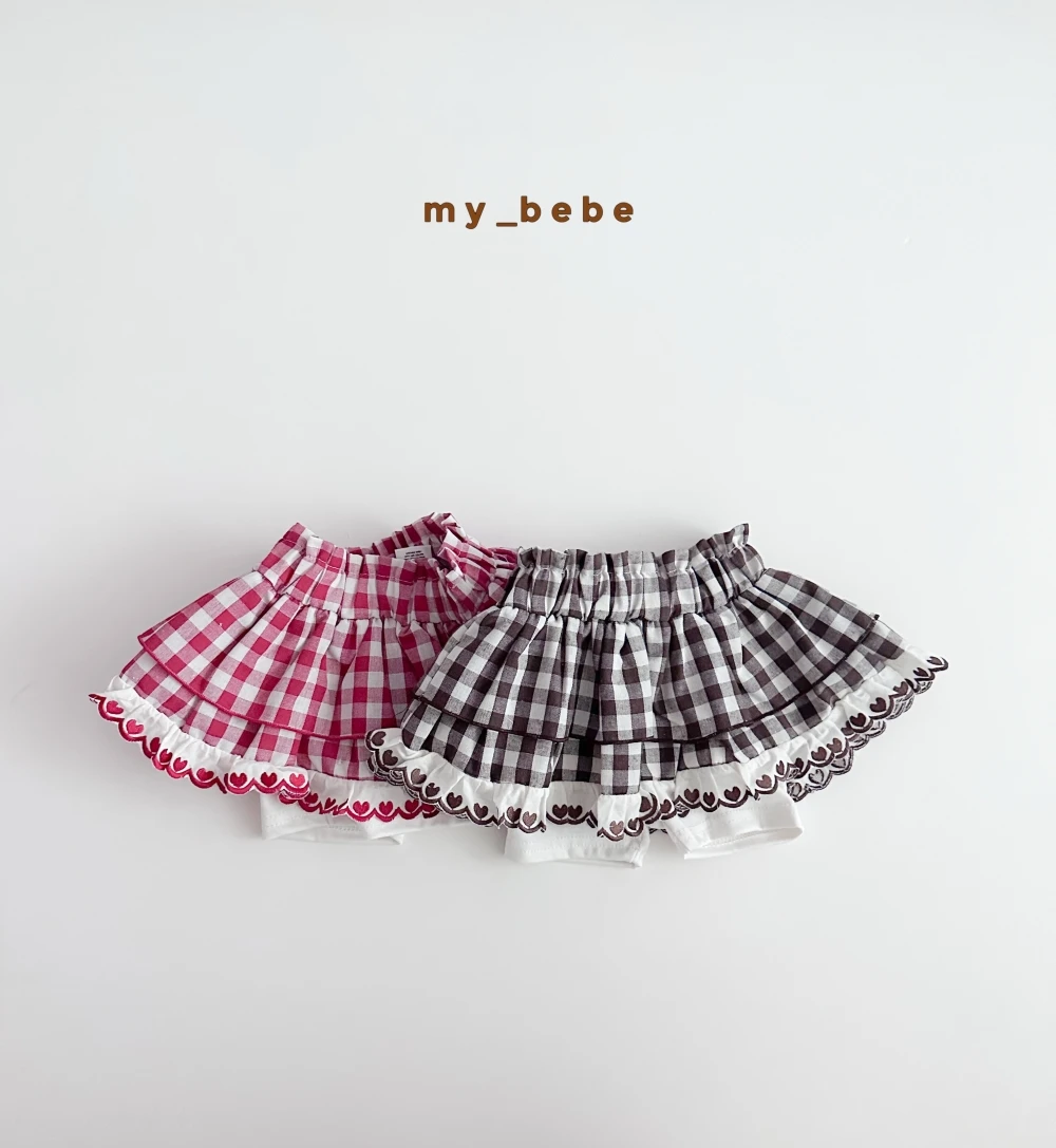 My bebe 格紋愛心花邊裙