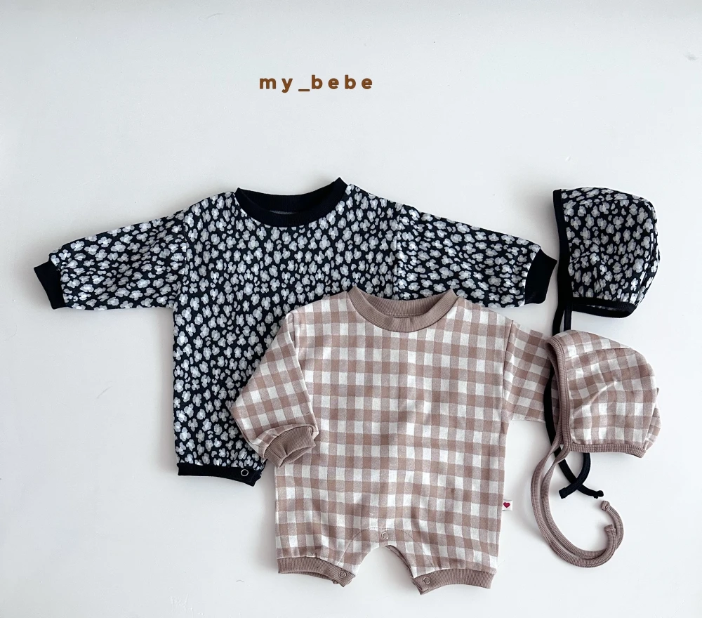 My bebe 格紋小花連身衣套裝(含帽子)