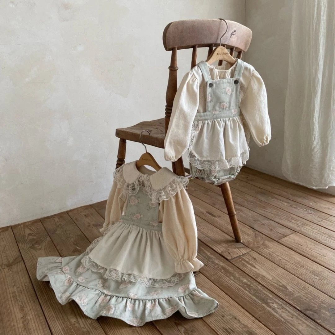 Anne Shirley 霧綠玫瑰蕾絲吊帶裙/包屁衣