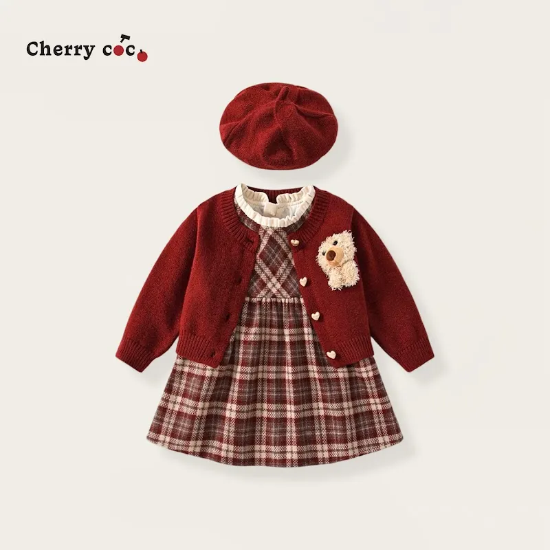 Cherry coco 酒紅小熊格紋三件組