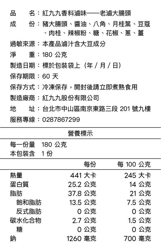老滷大腸頭成分與營養標示