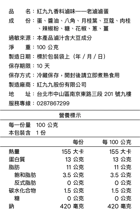 老滷滷蛋成分與營養標示