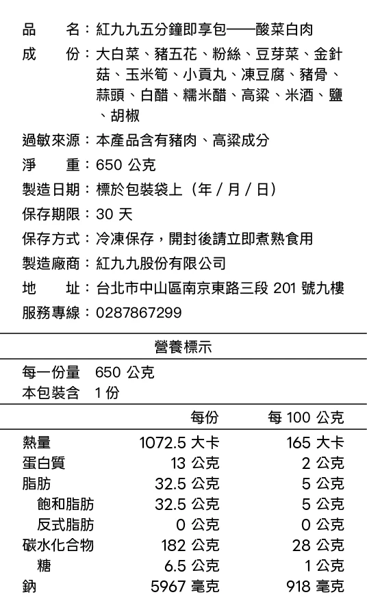 酸菜白肉成分與營養標示