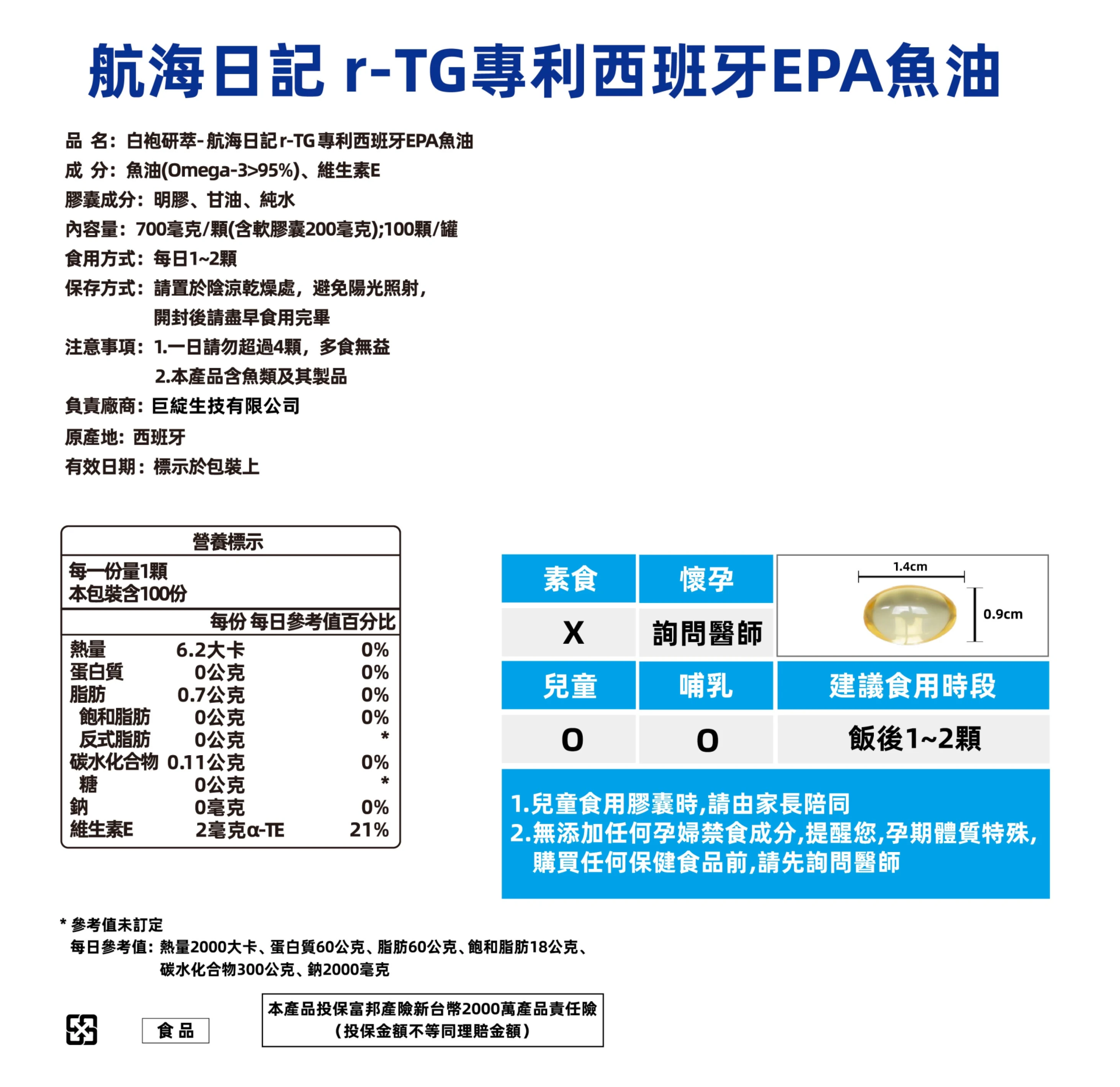 航海日記|r-TG專利西班牙EPA魚油 100顆/盒